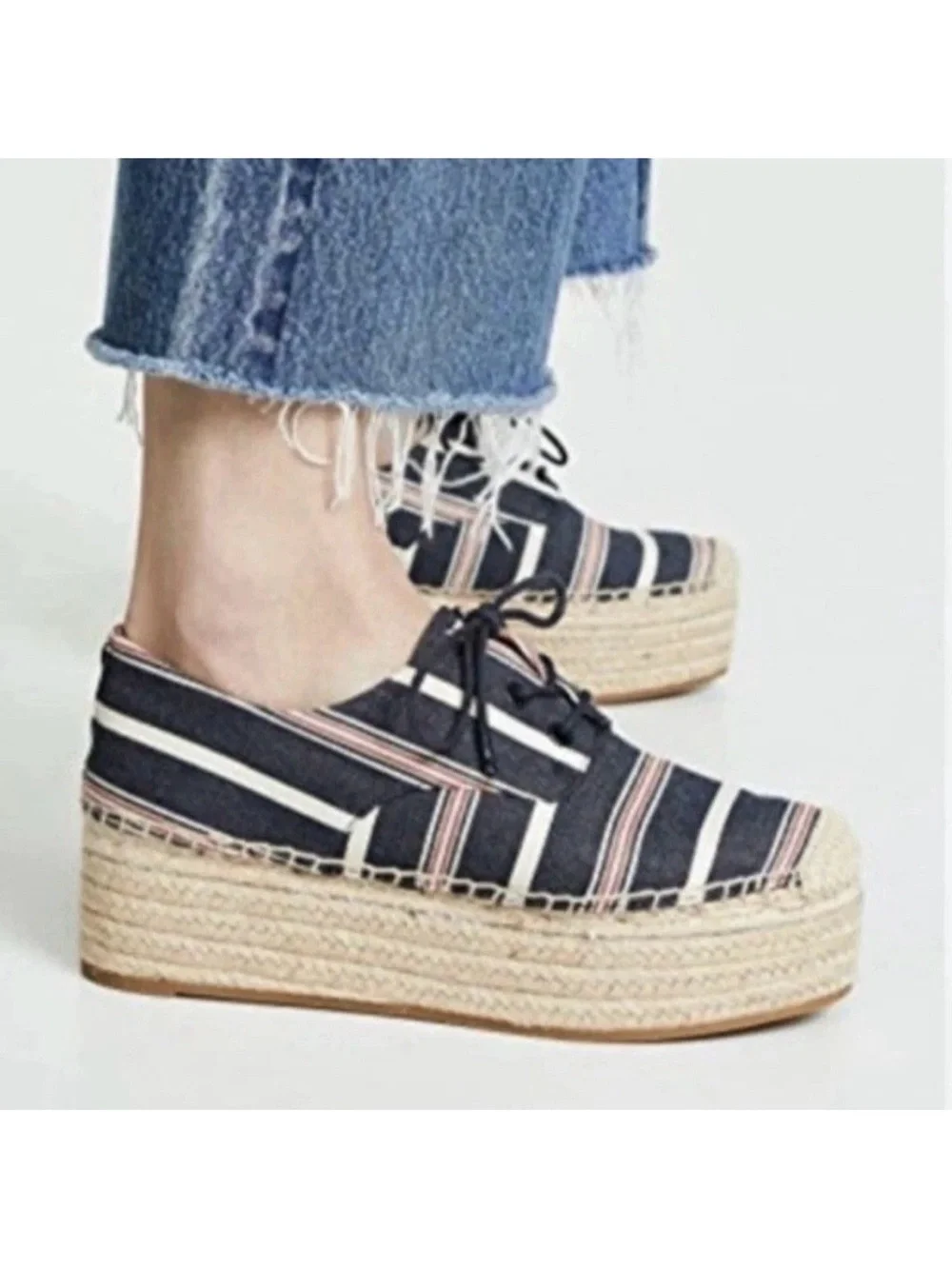Tory Burch Florence 40mm Platform Espadrilles Oxfords Sz 9 Striped Multi Canvas